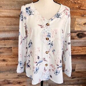 Women's White & Floral Print Button Long Sleeve Blouse, Small​​​​
